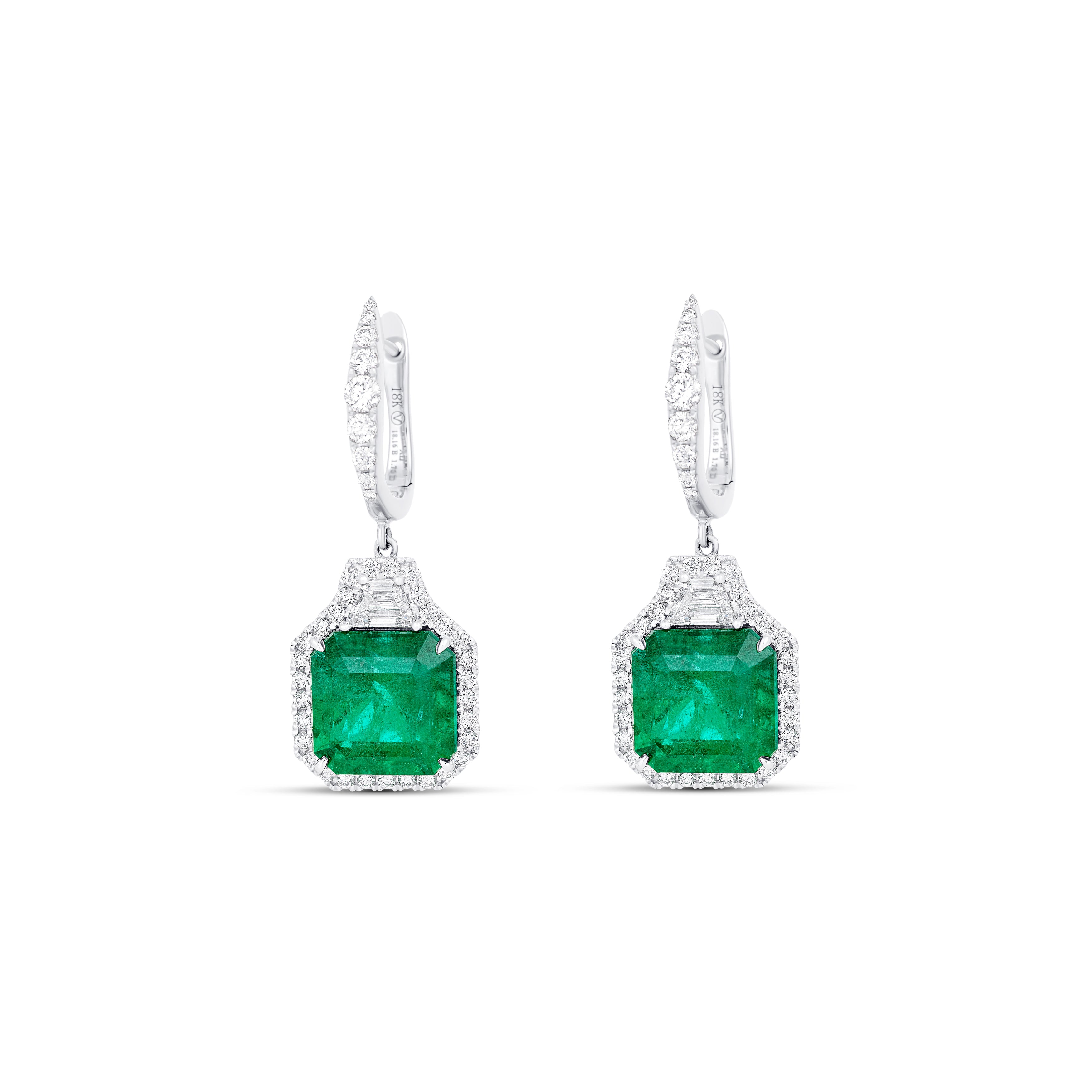 18K White Gold Emerald And Diamond Drop Hoop Earrings