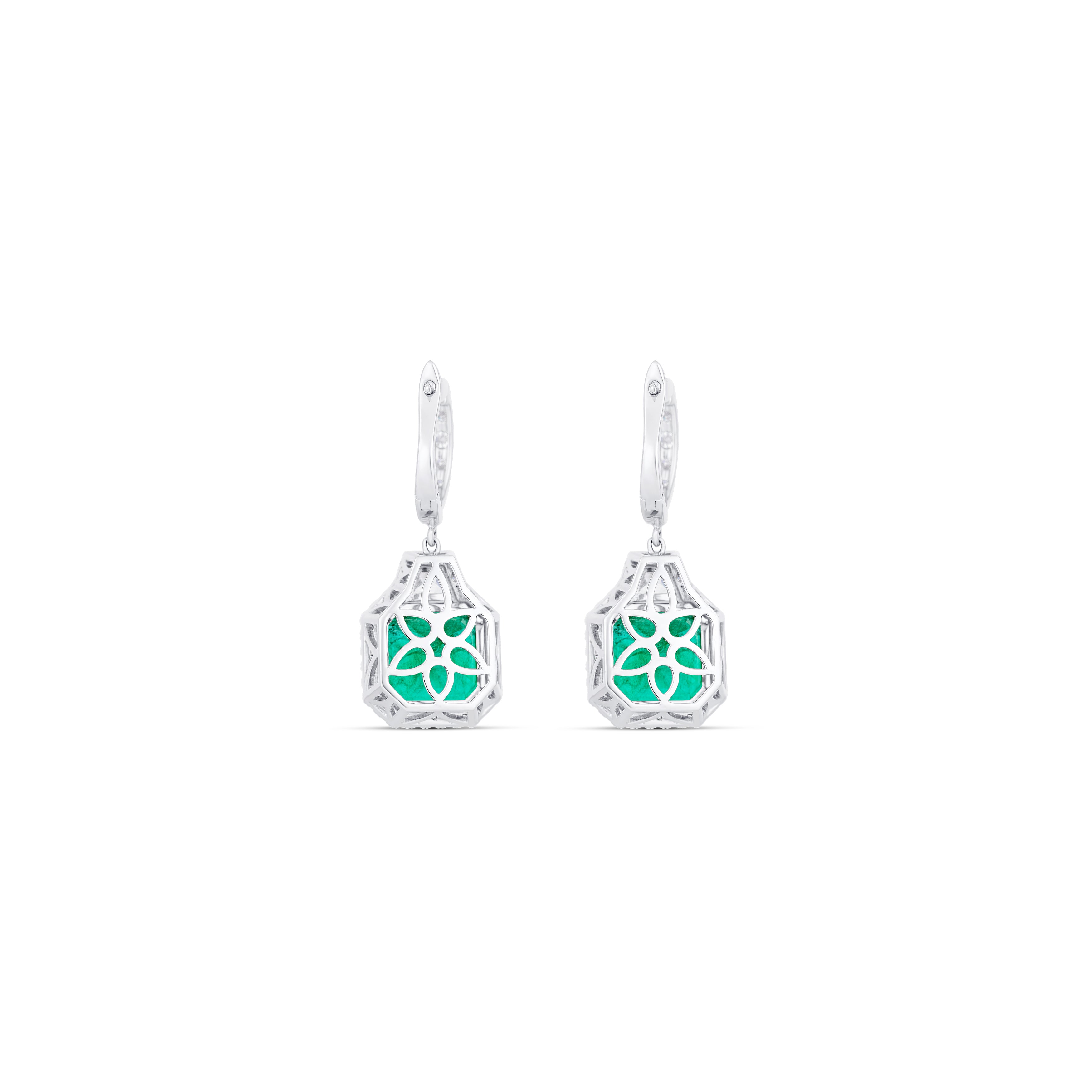 18K White Gold Emerald And Diamond Drop Hoop Earrings