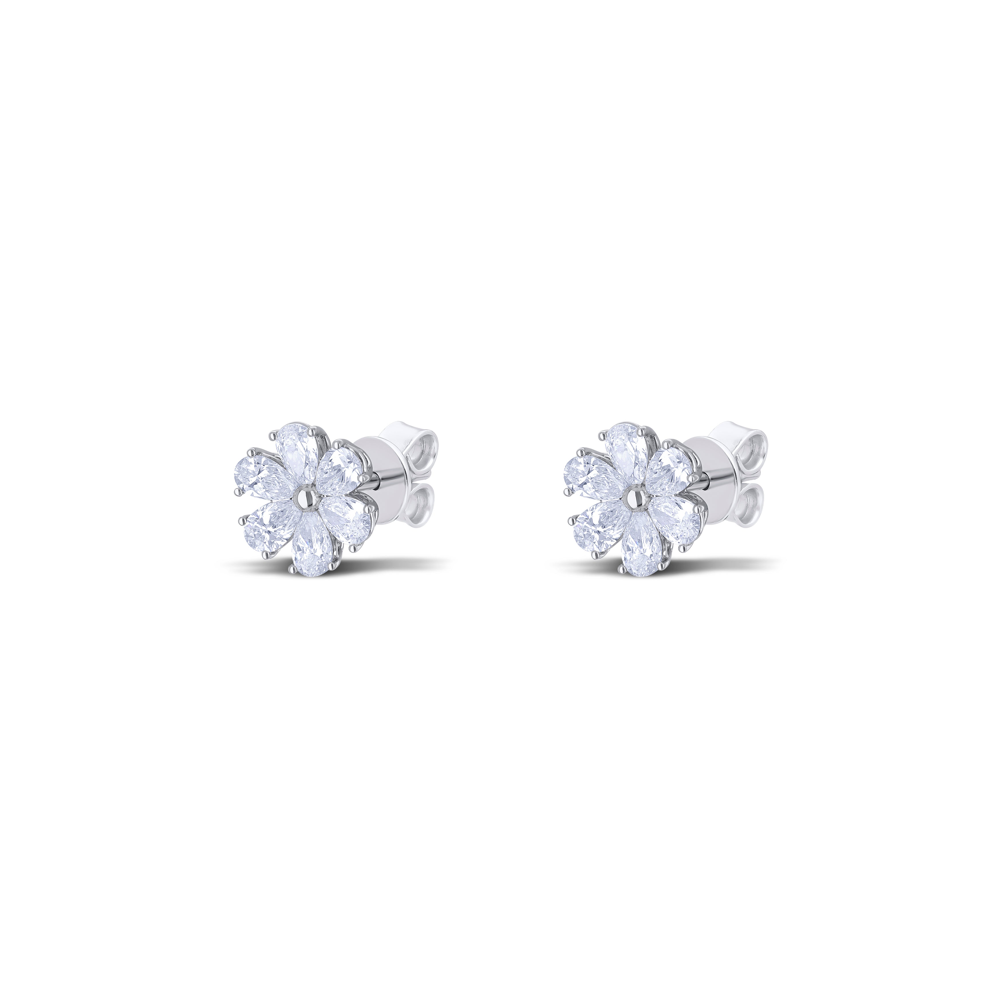 18K White Gold Pear Diamond Flower Post Earrings
