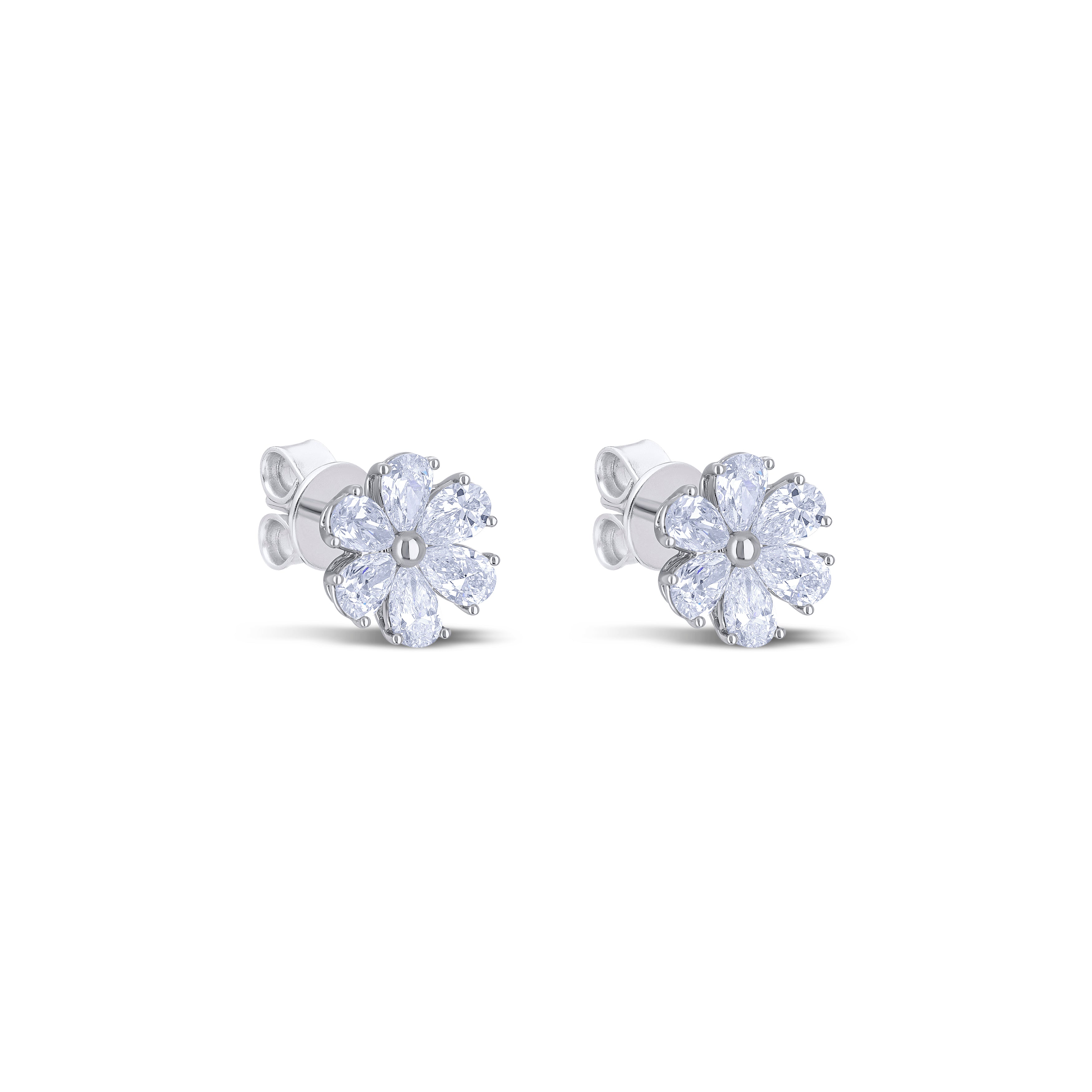 18K White Gold Pear Diamond Flower Post Earrings