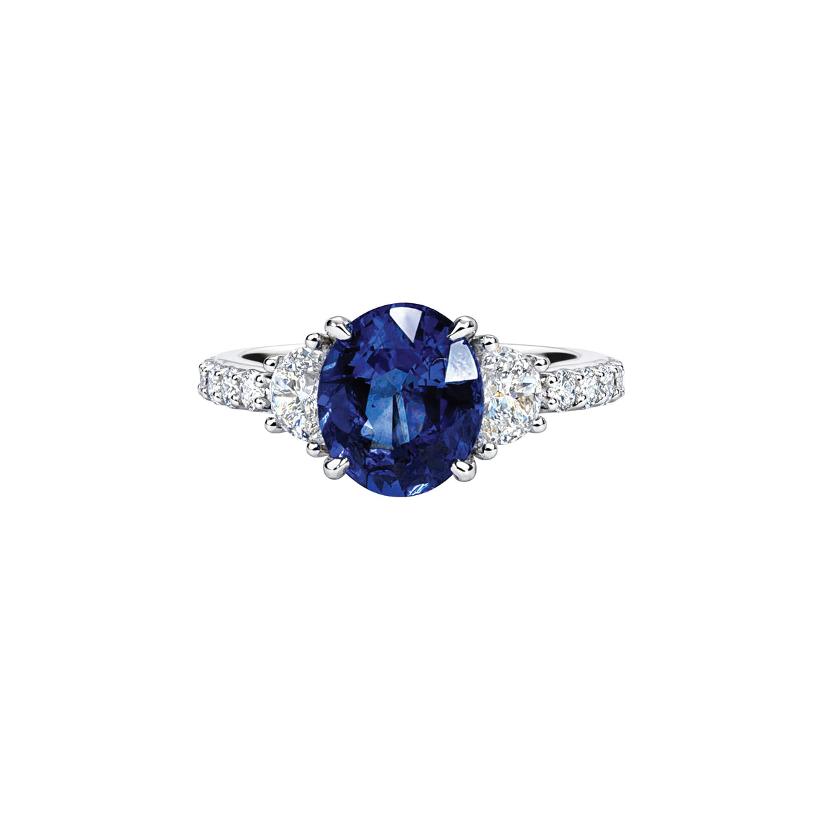 18k White Gold 3.17ct Oval Sapphire and Diamond Three Stone Pavé Ring
