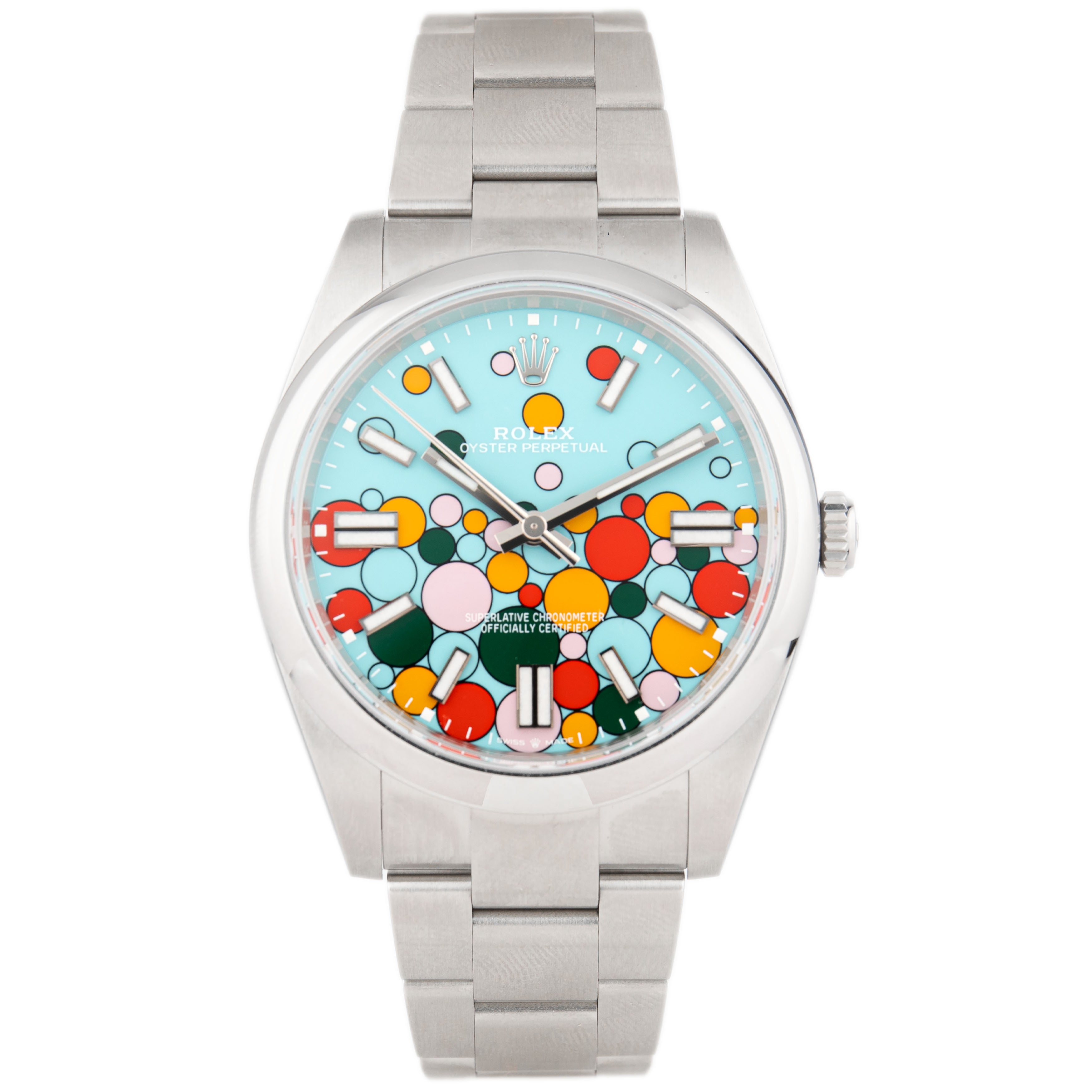 Rolex Oyster Perpetual Stainless Steel Blue Celebration Motif Dial 41mm 124300 Full Set