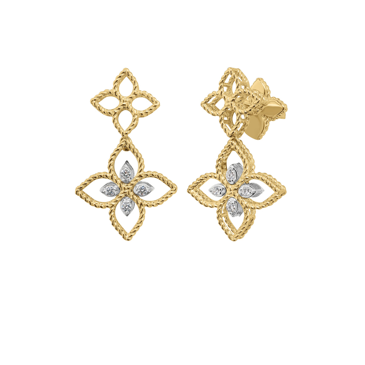 Roberto Coin 18k Yellow and White Gold Princess Flower Open Frame Diamond Drop Earrings
