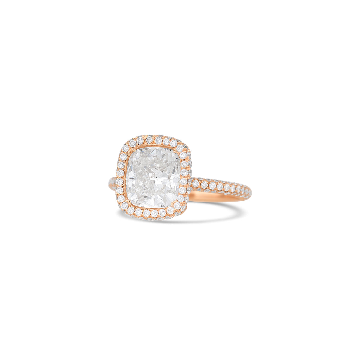 18K Rose Gold Cushion Diamond Three Row Micro Pave Engagement Ring
