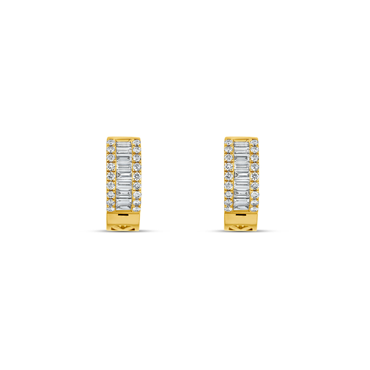 18k Yellow Gold Round and Baguette Three-Row Pavé Diamond Huggie Earrings