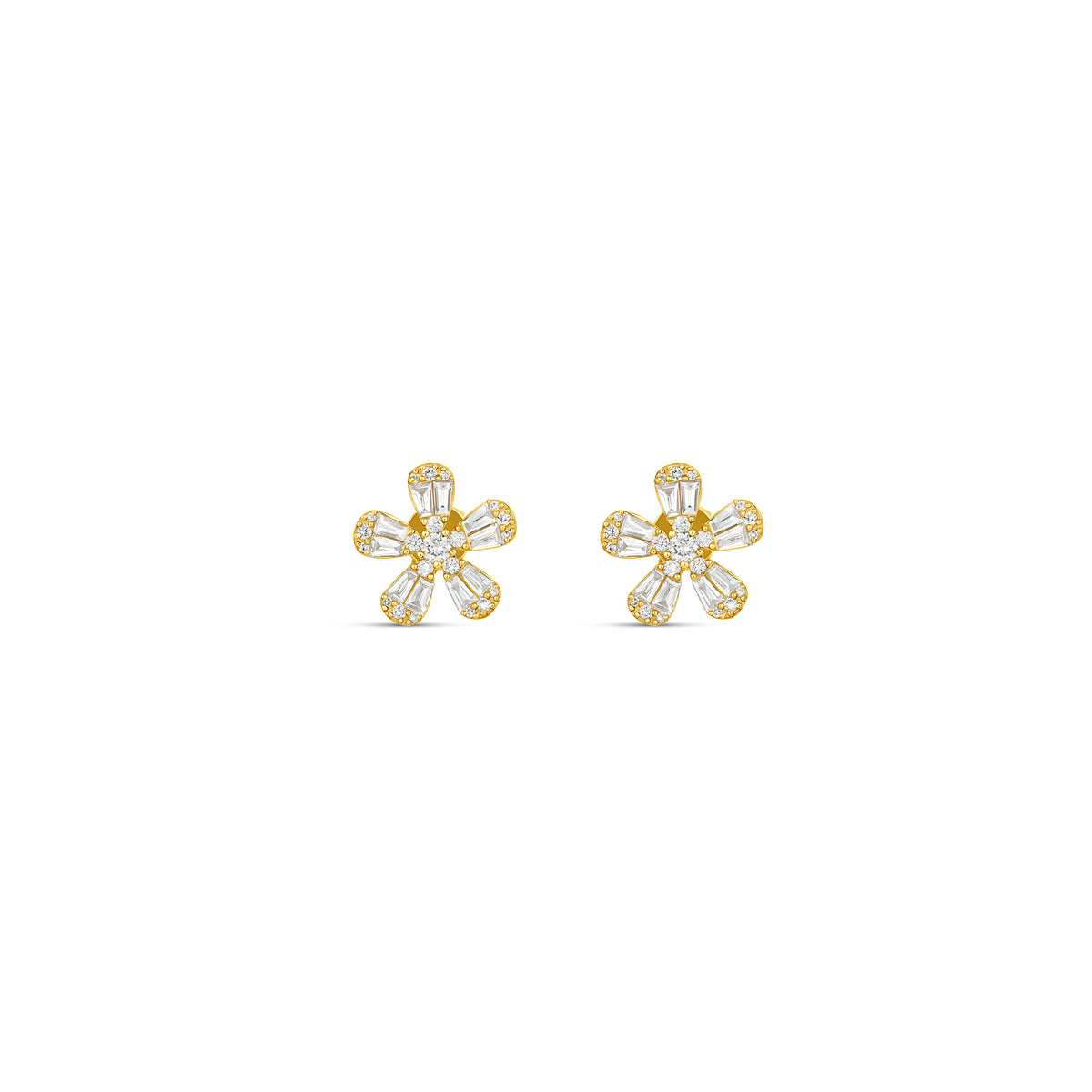 18k Yellow Gold Round and Baguette Diamond Flower Earrings