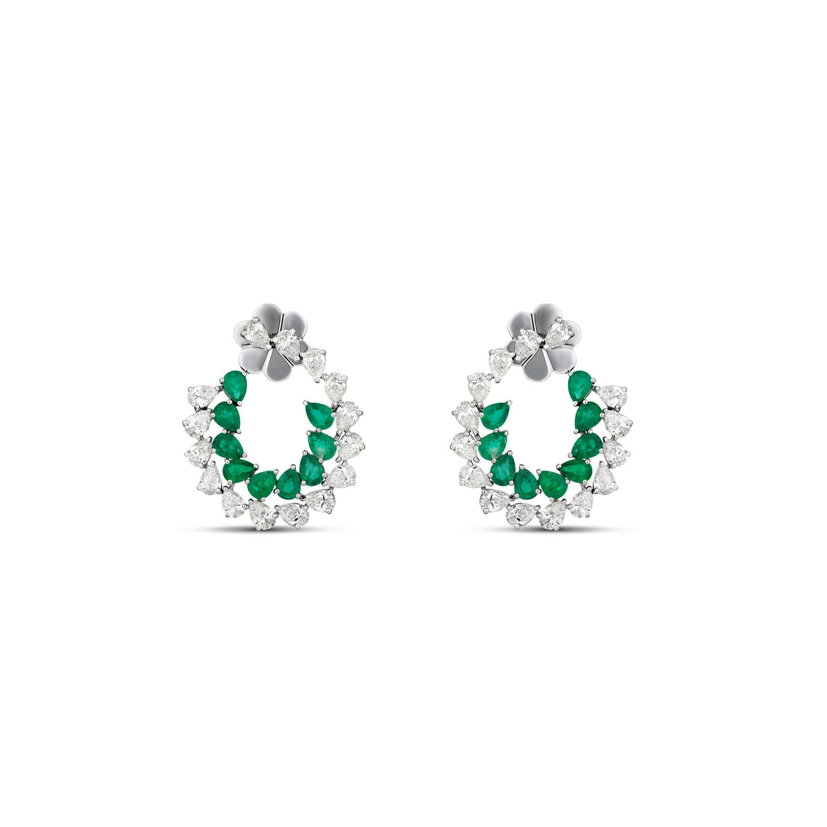 18k White Gold Pear Emerald and Diamond Front Facing Hoop Earrings