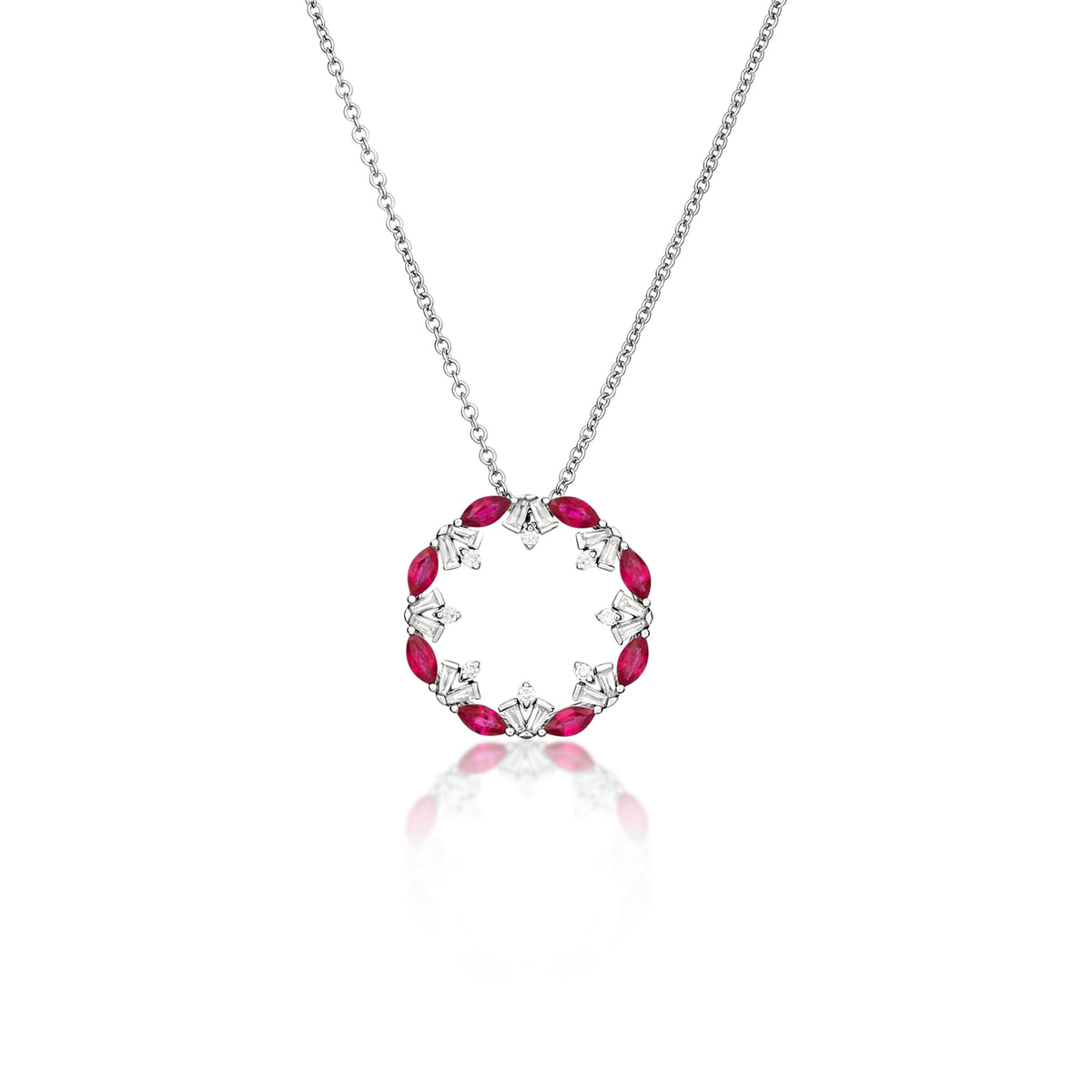 18k White Gold Diamond and Marquise Ruby Circle Pendant with Chain