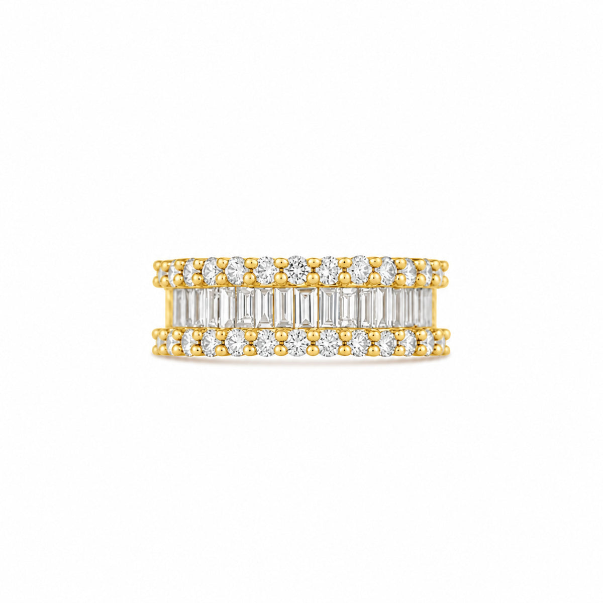 18k Yellow Gold Three-Row Baguette and Round Diamond Ring