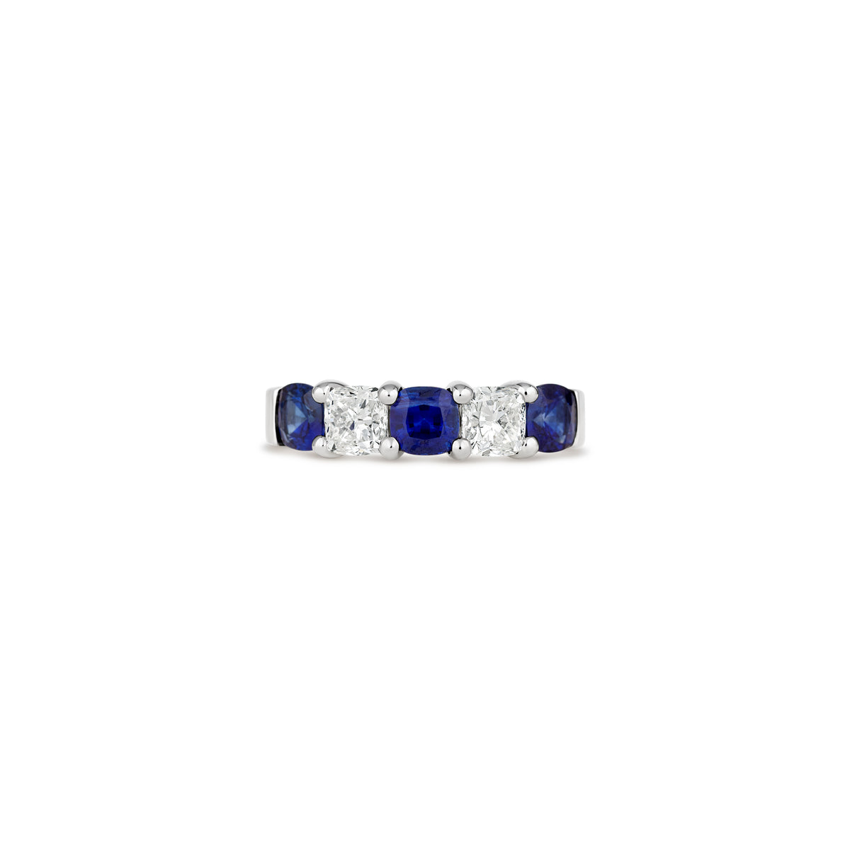18k White Gold Cushion Diamond and Blue Sapphire Band