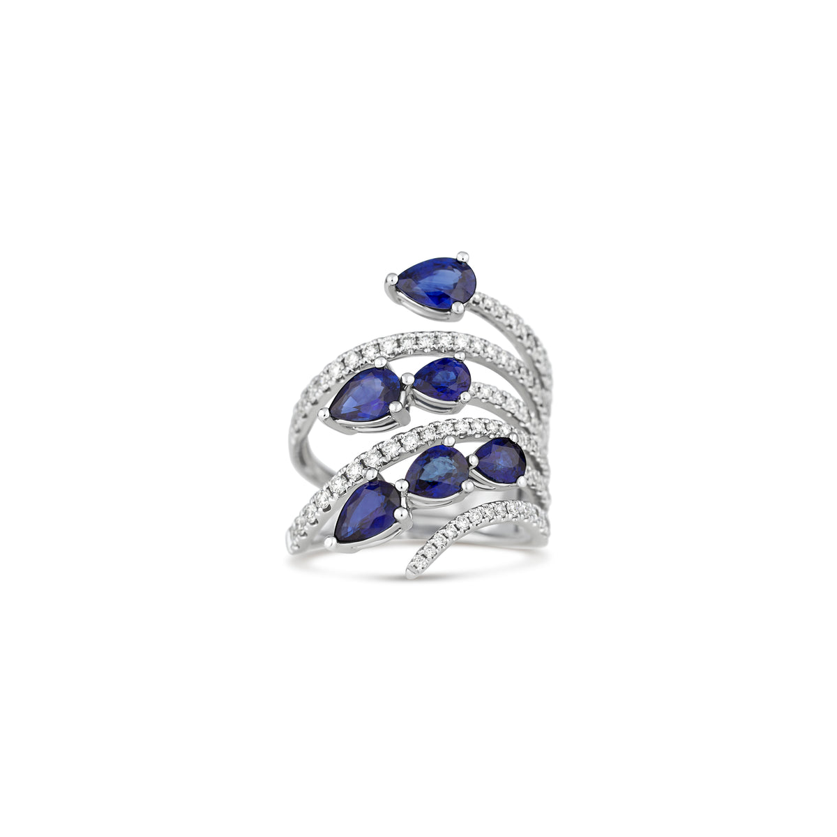 18k White Gold Pave Diamond and Pear Blue Sapphire Six-Row Ring