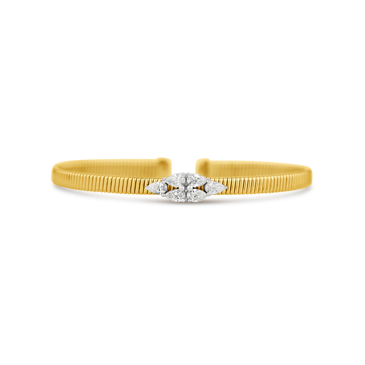 18k Yellow Gold Pear Diamond Flexible Ribbed Cuff Bracelet