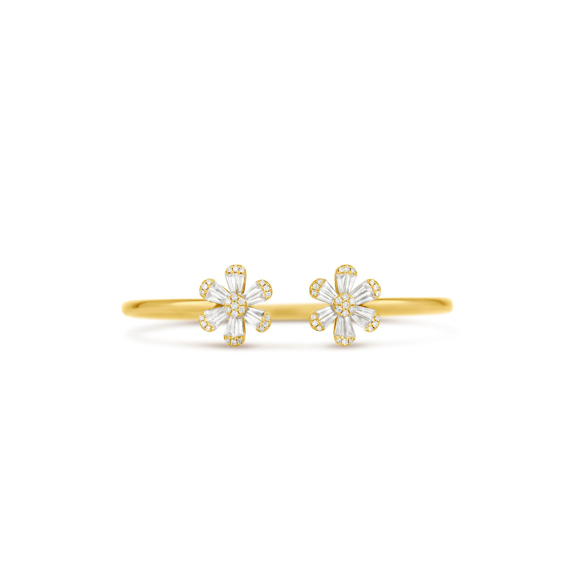 18k Yellow Gold Round and Baguette Diamond Flower Cuff Bracelet