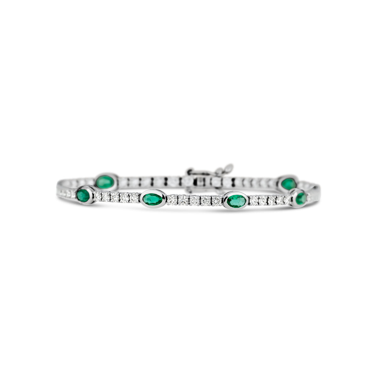 14k White Gold Round Diamond and Oval Emerald Station Bracelet