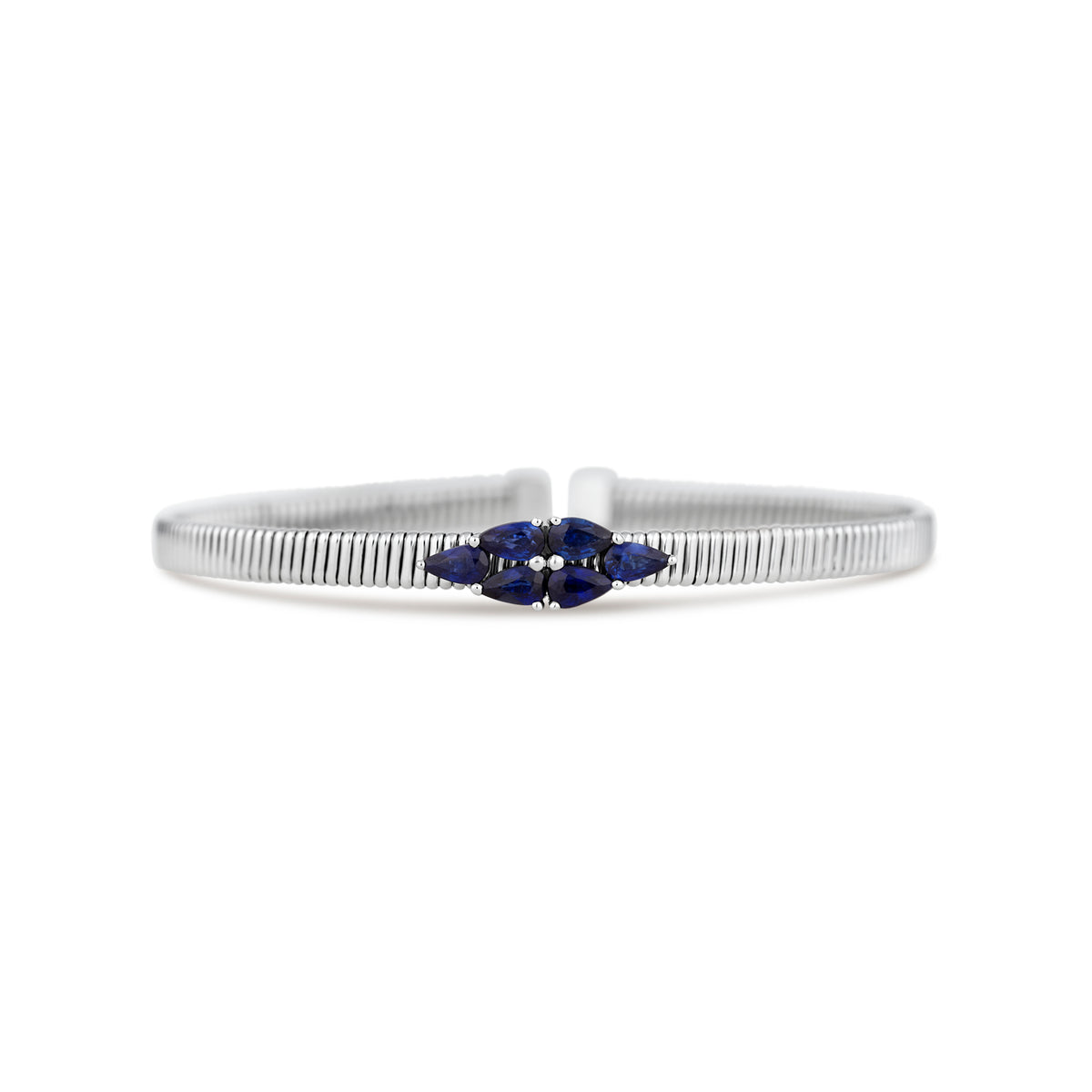 18k White Gold Pear Sapphire Flexible Ribbed Bangle