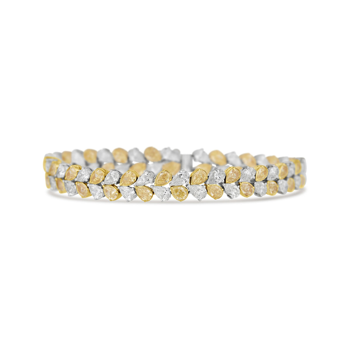 18k White and Yellow Gold Two-Row Pear Yellow and White Diamond Bracelet