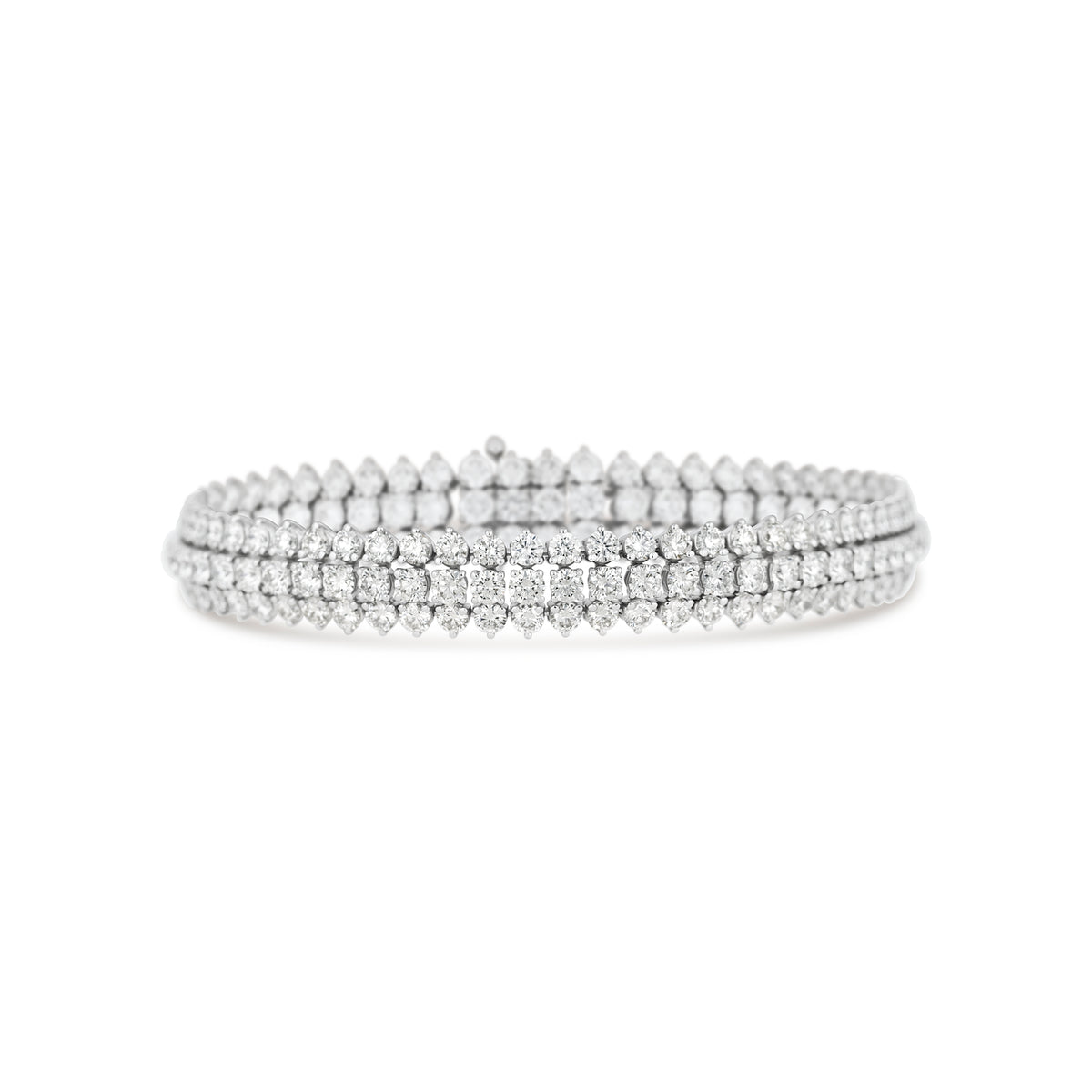 18k White Gold Three-Row Domed Round Diamond Bracelet