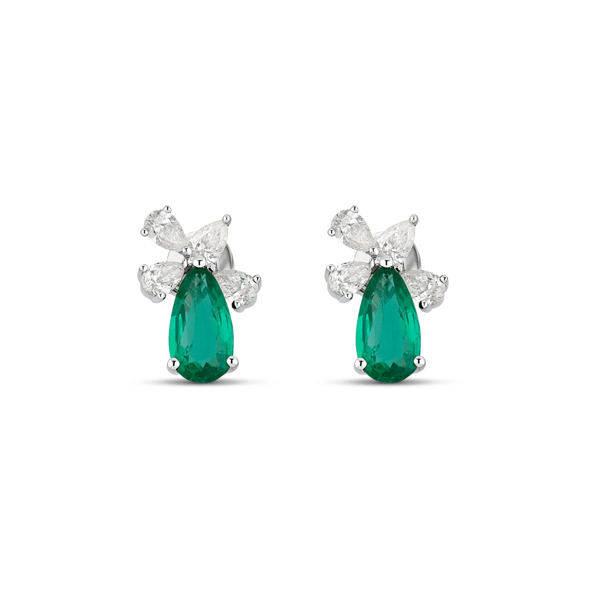 18k White Gold Pear Emerald and Diamond Earrings