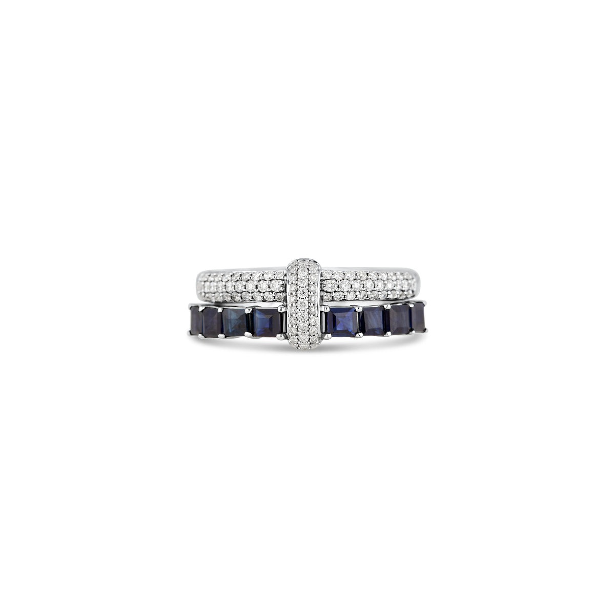 14k White Gold Emerald Shape Sapphire and Pave Diamond Two-Row Ring