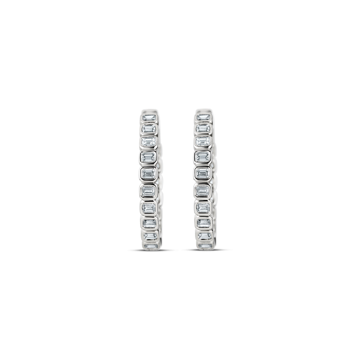 18k White Gold Emerald Diamond Bezel Set Inside Outside Hoop Earrings