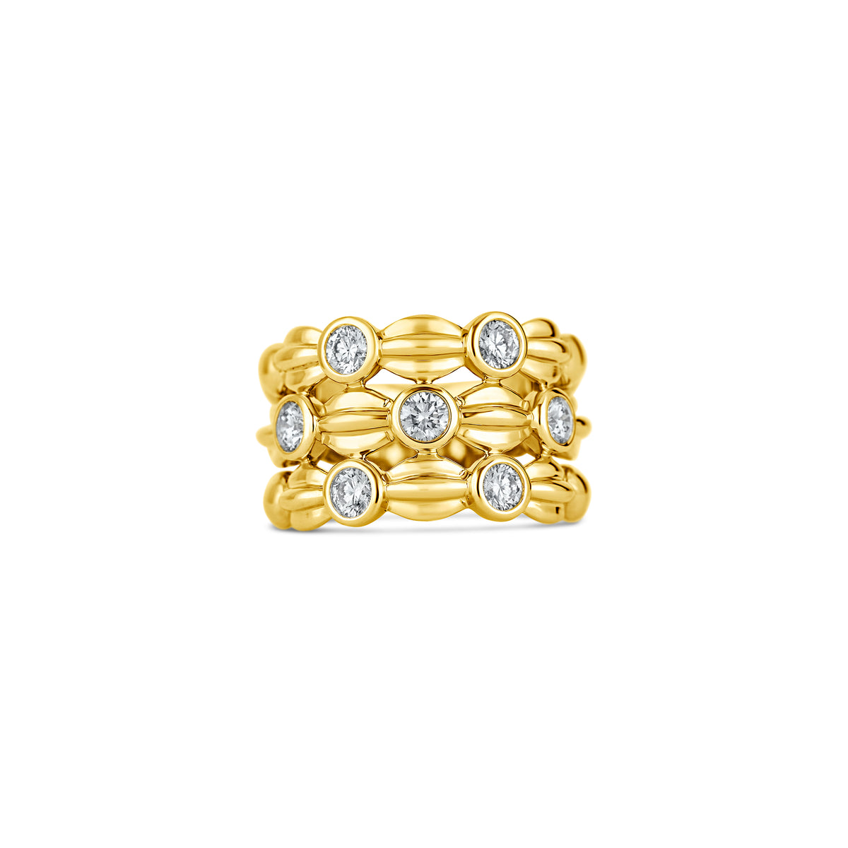 18k Yellow Gold Round Diamond Bezel Set Three-Row Ring