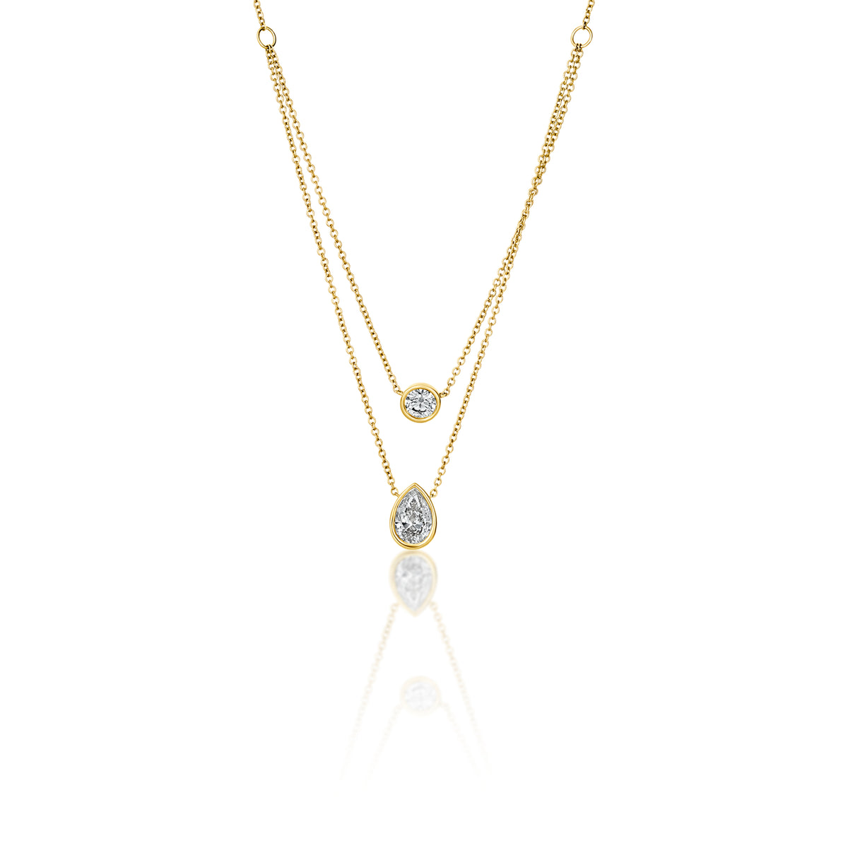 14k Yellow Gold Lab Grown Pear and Round Diamond Layered Bezel Set Solitaire Necklace