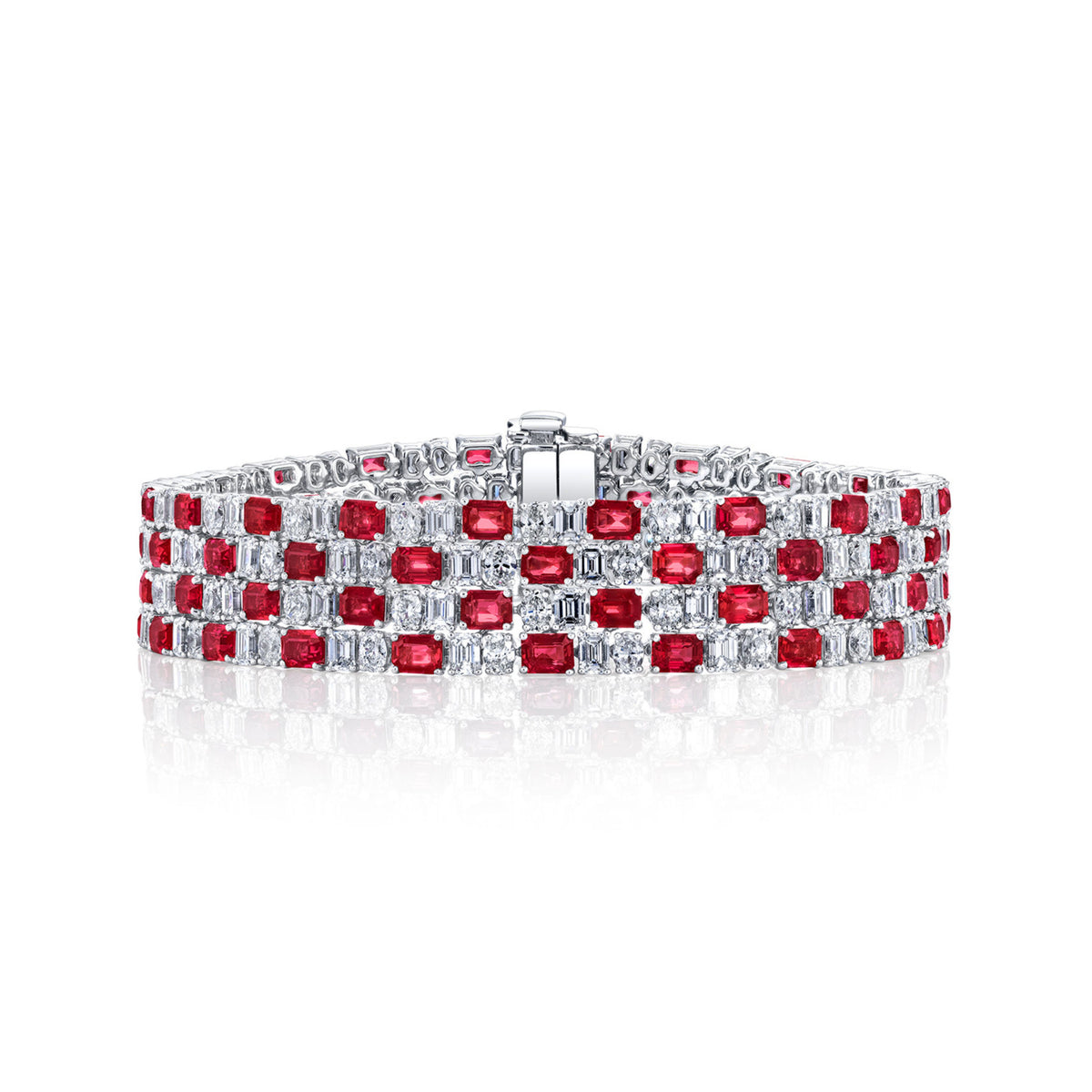 18k White Gold Emerald Shape Ruby and Multi Shape Diamond Four Row Bracelet