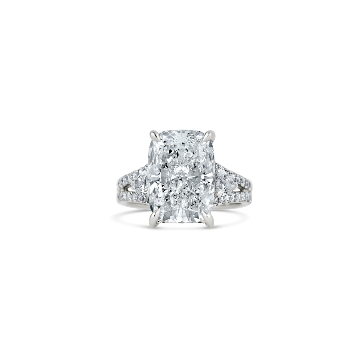 14k White Gold Lab Grown 6.98ct Radiant and Pear Diamond Three Stone Pavé Engagement Ring