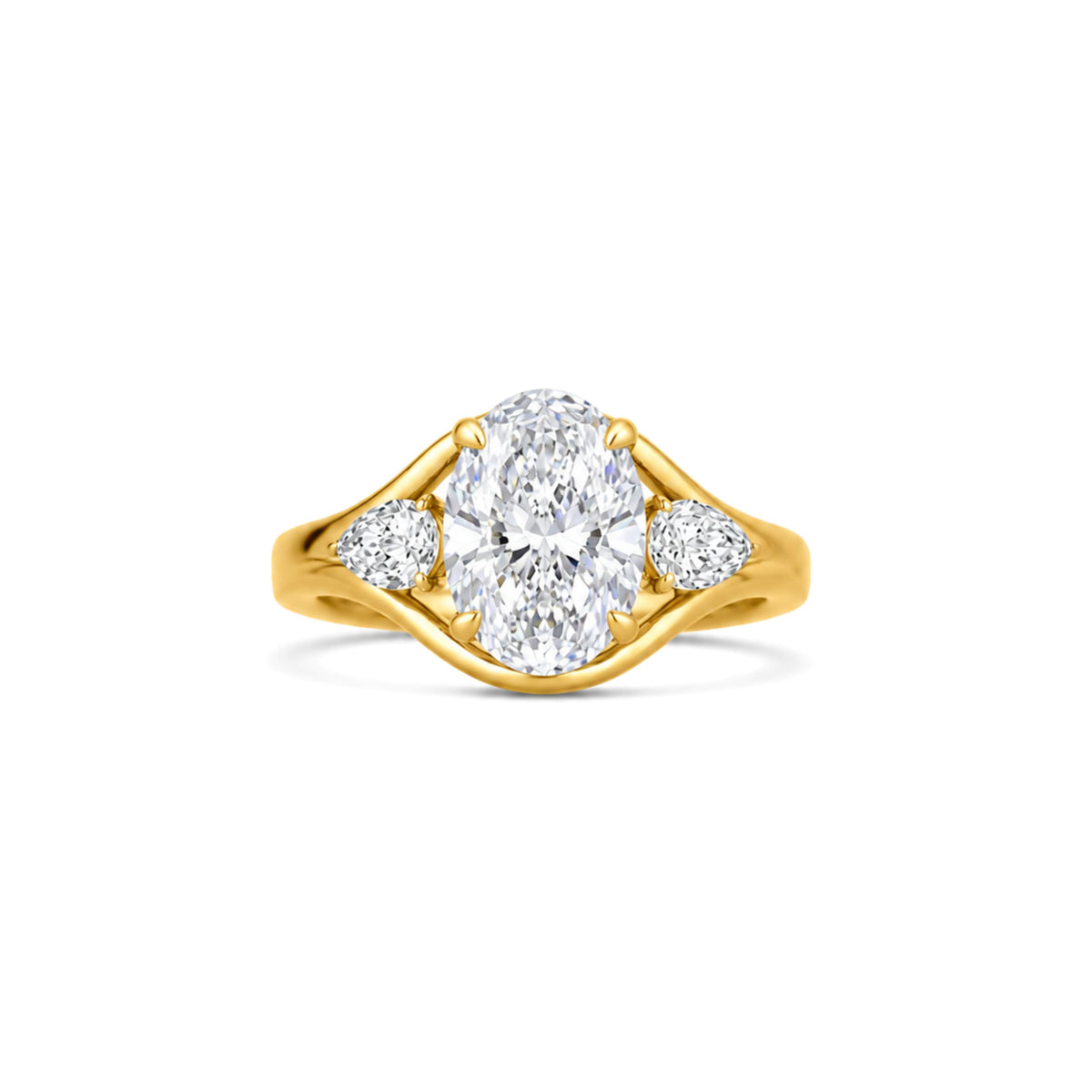 14k Yellow Gold Lab Grown 2.99ct Oval and Pear Diamond Three Stone Engagement Ring