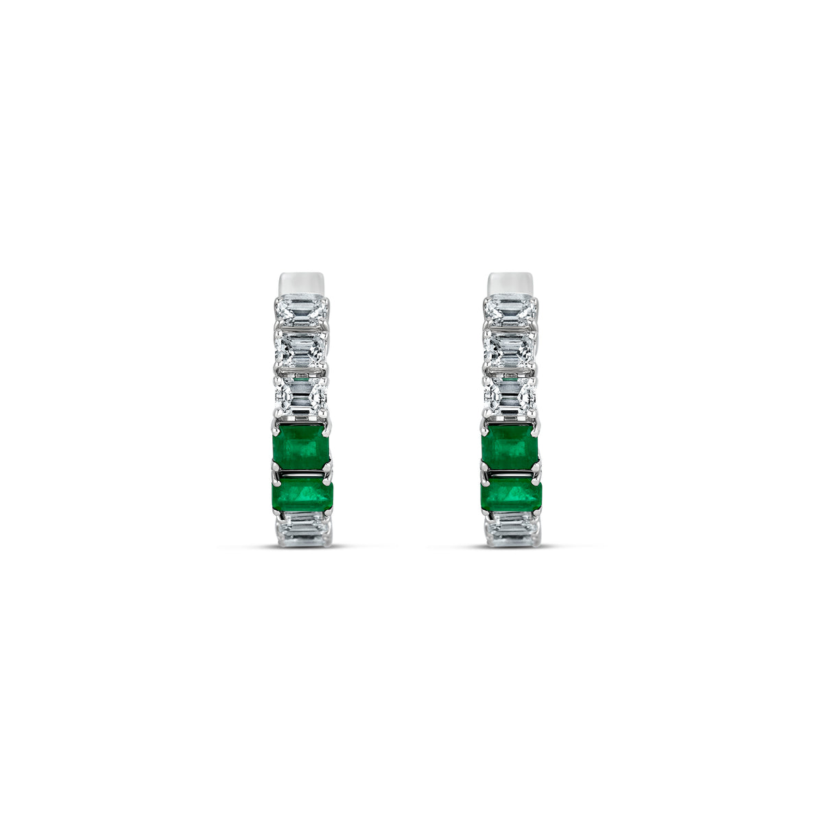 18k White Gold Emerald and Emerald Diamond Hoop Earrings