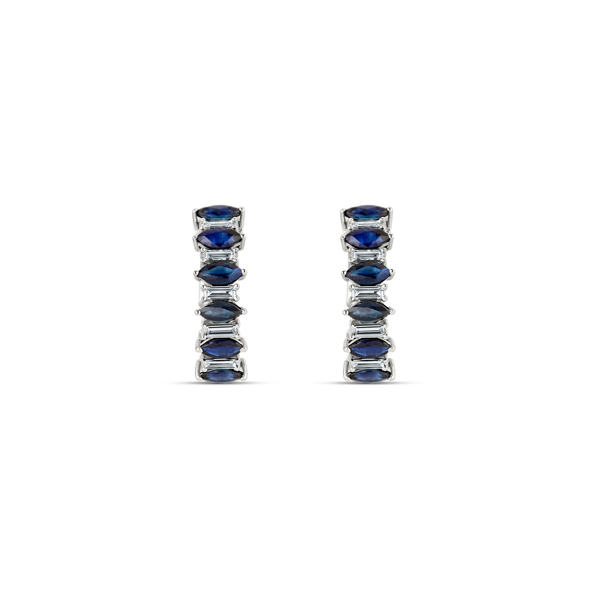 18k White Gold Marquise Sapphire and Baguette Diamond Hoop Earrings