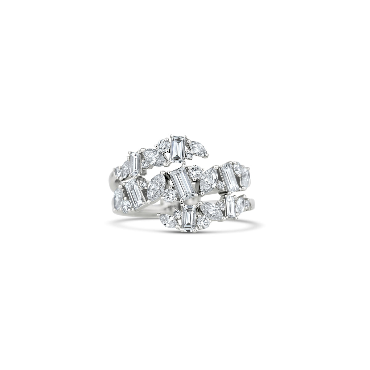 18k White Gold Multi Shape Diamond Three Row Ring