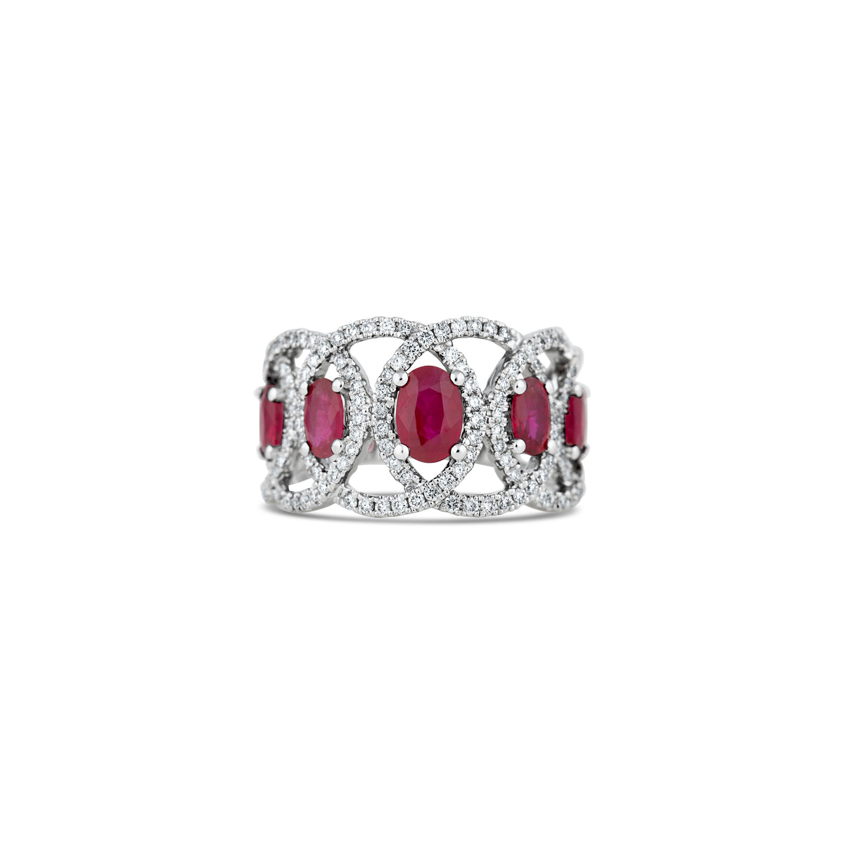 14k White Gold Oval Ruby and Round Diamond Open Frame Ring