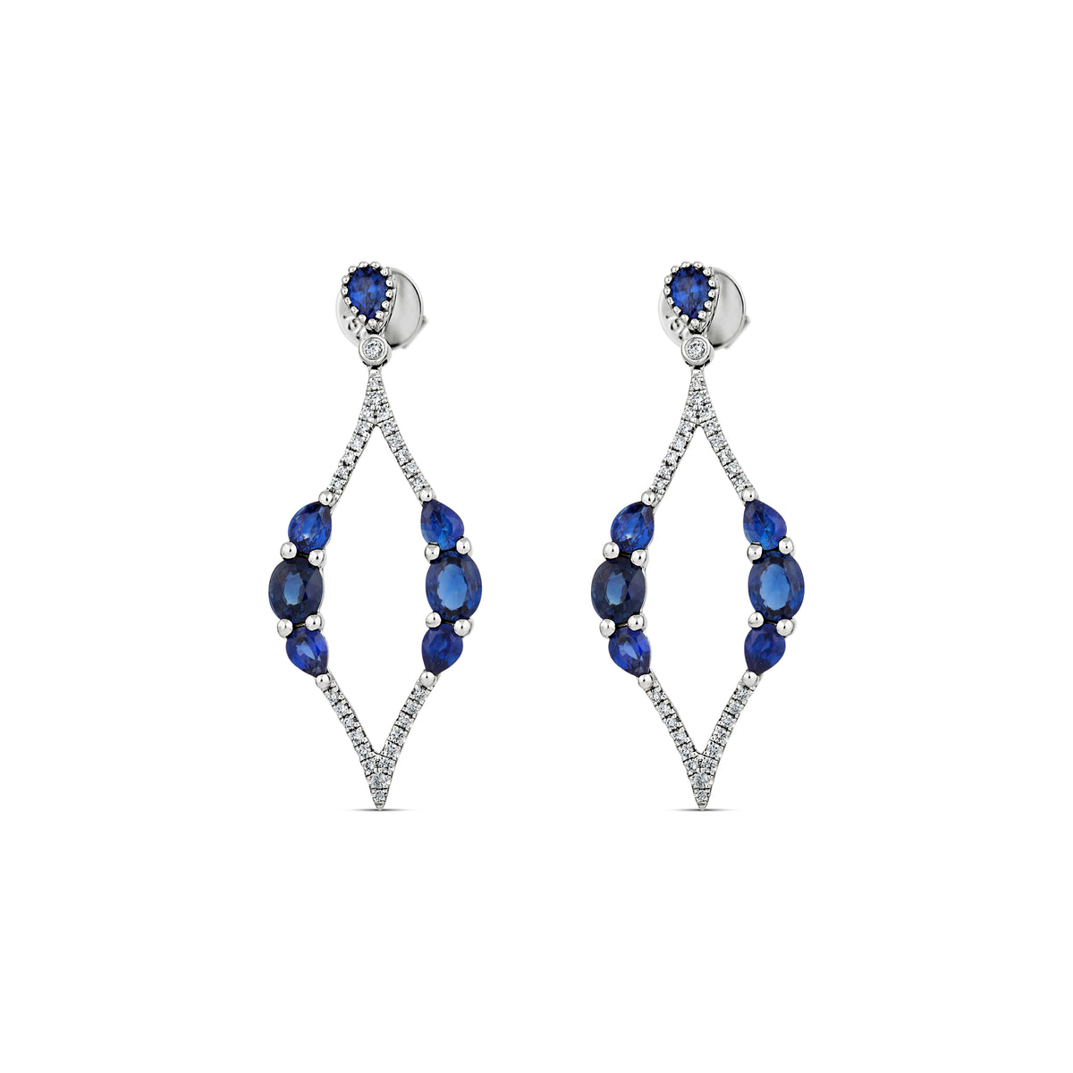 18k White Gold Pear and Oval Sapphire and Diamond Dangle Earrings