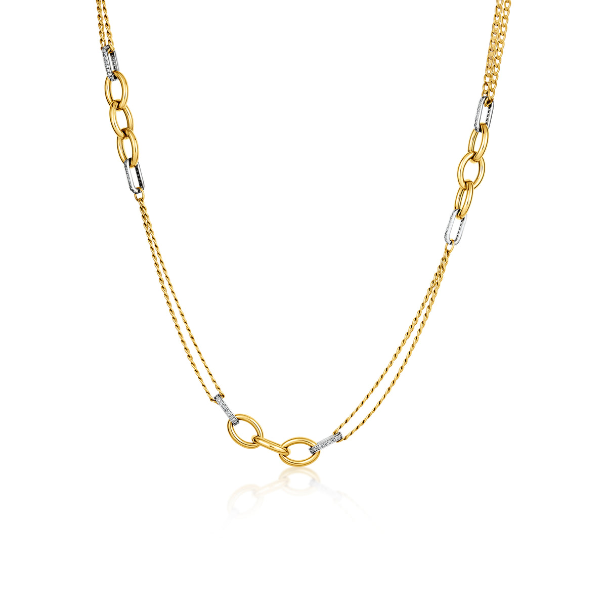 18k Yellow/White Gold Curb and Oval Link Chain Necklace with Pavé Diamond Links