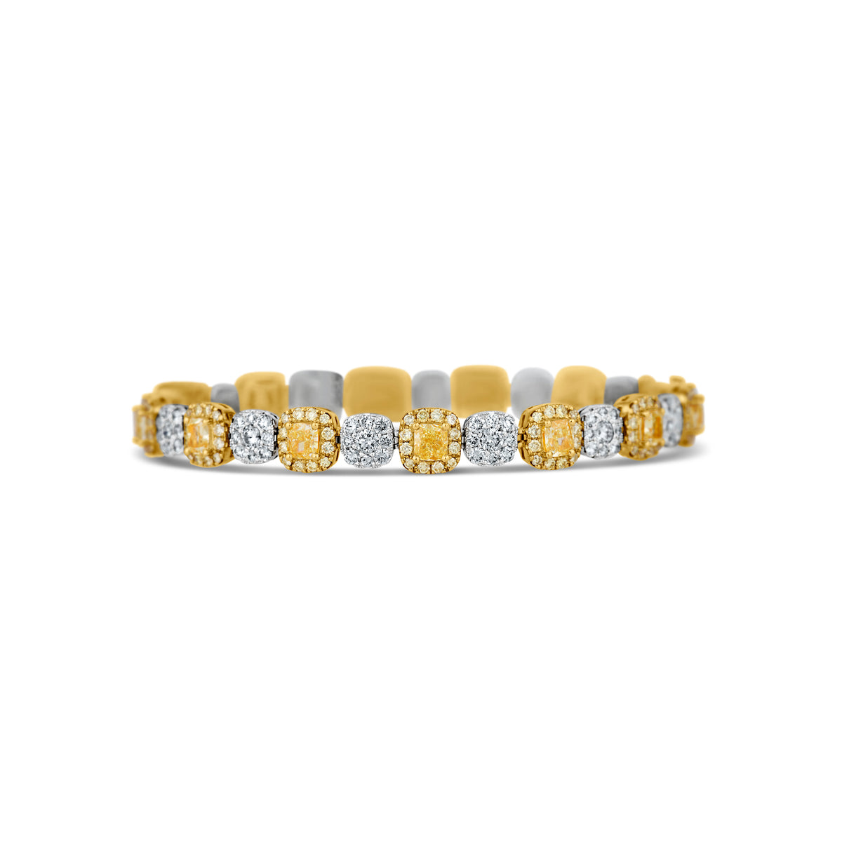 18k Yellow/White Gold Cushion Yellow Diamond and Round Diamond Halo Bracelet