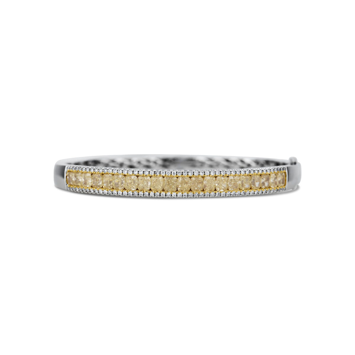 18k White Gold Cushion Yellow Diamond and Round Diamond Bangle Bracelet