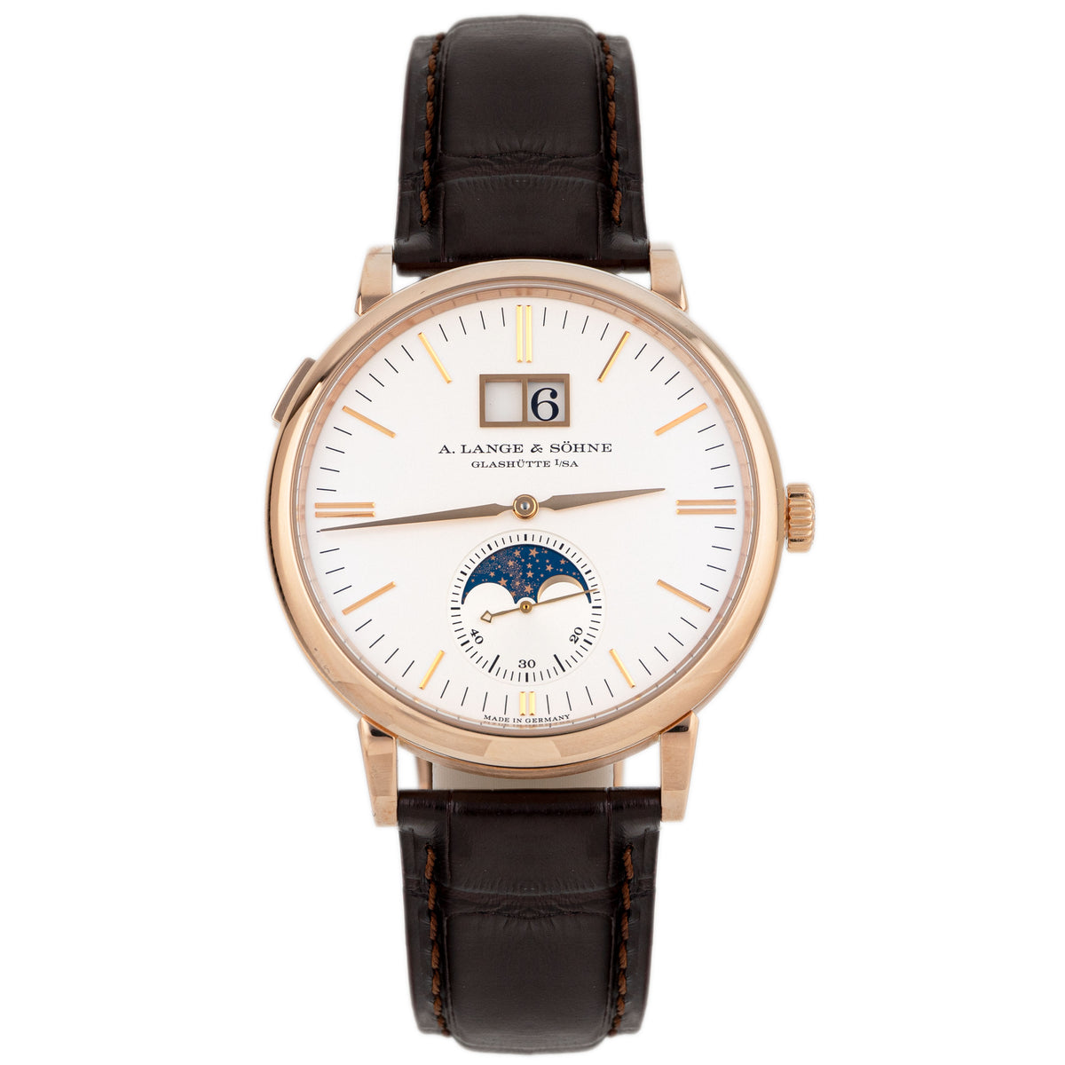 A. Lange & Sohne Saxonia Moon Phase Rose Gold Silver Dial 40mm 384.032 Full Set