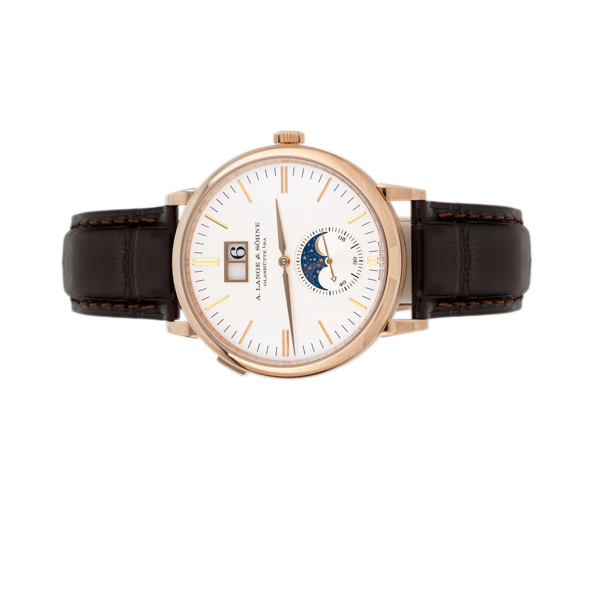 A. Lange & Sohne Saxonia Moon Phase Rose Gold Silver Dial 40mm 384.032 Full Set