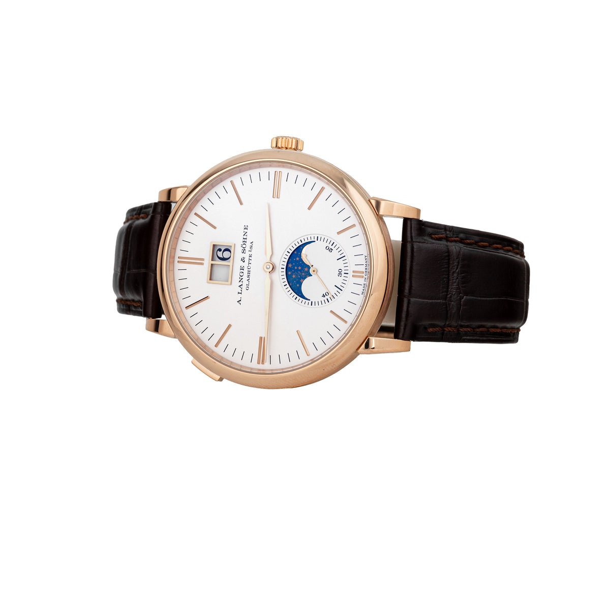 A. Lange & Sohne Saxonia Moon Phase Rose Gold Silver Dial 40mm 384.032 Full Set