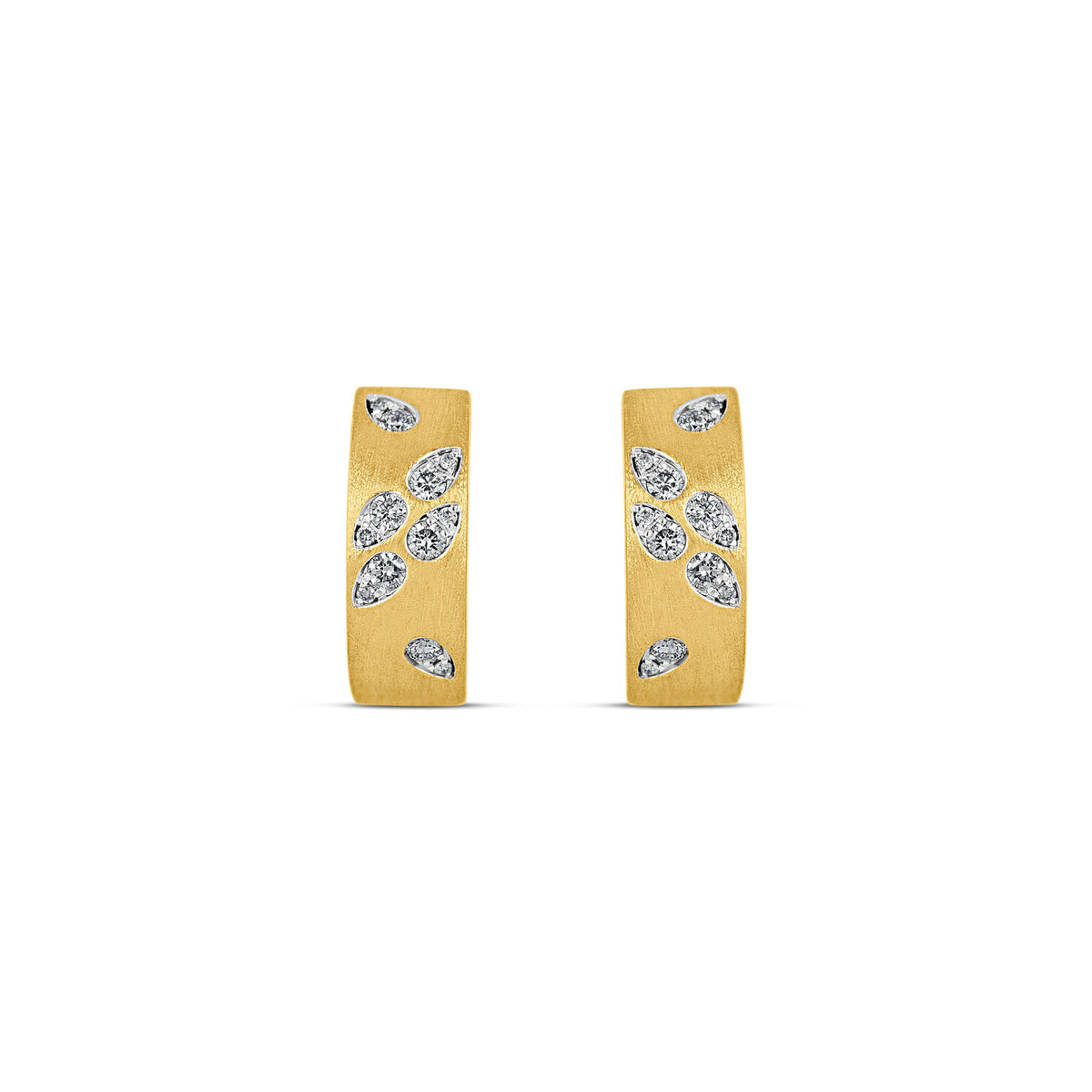 14k Yellow Gold Confetti Pear Diamond Satin Finish Huggie Hoop Earrings