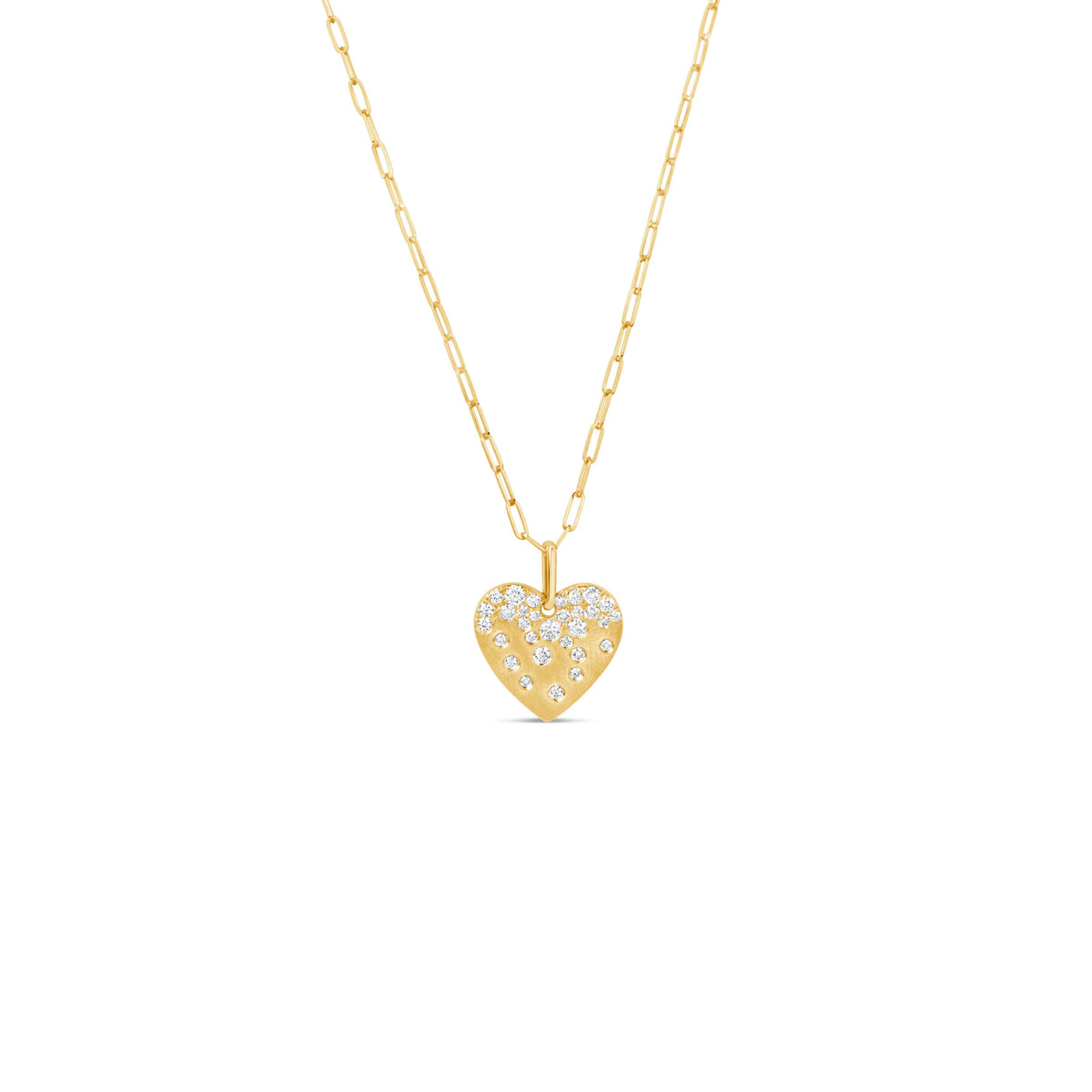 14k Yellow Gold Confetti Satin Finish Heart Diamond Pendant With Paperclip Chain