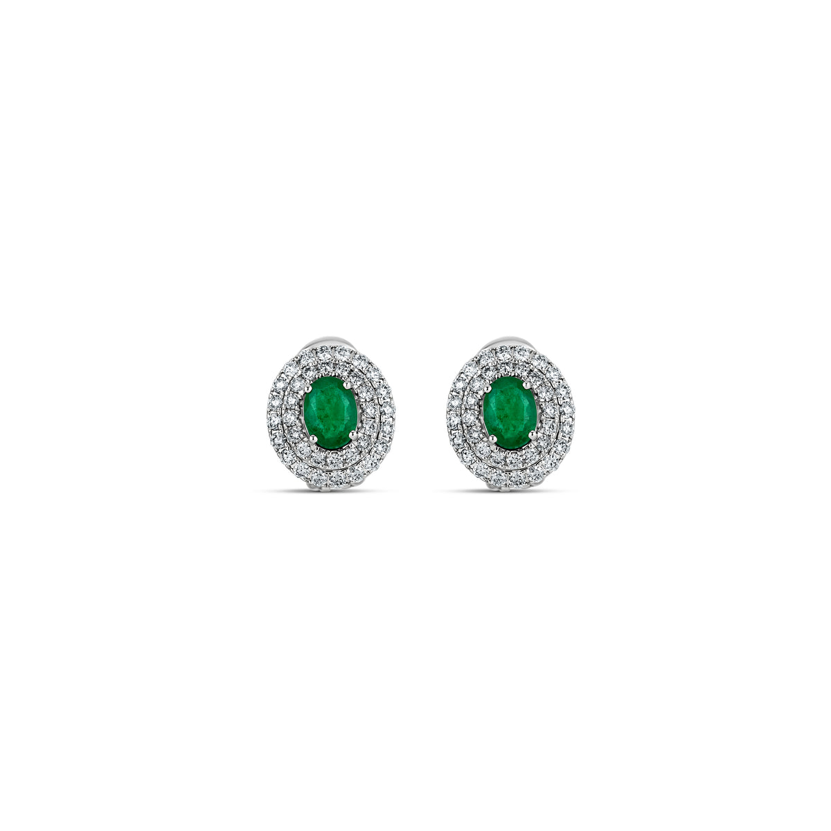 18k White Gold Oval Emerald Double Diamond Halo Post Clip Earrings
