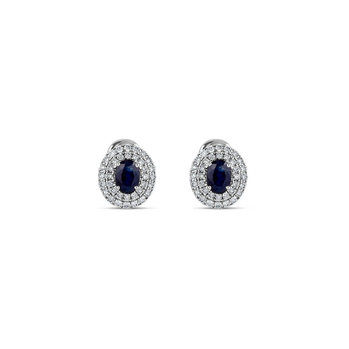 18k White Gold Oval Sapphire Double Diamond Halo Post Clip Earrings