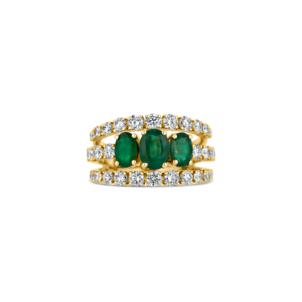 18k Yellow Gold Oval Emerald Diamond Three Row Ring
