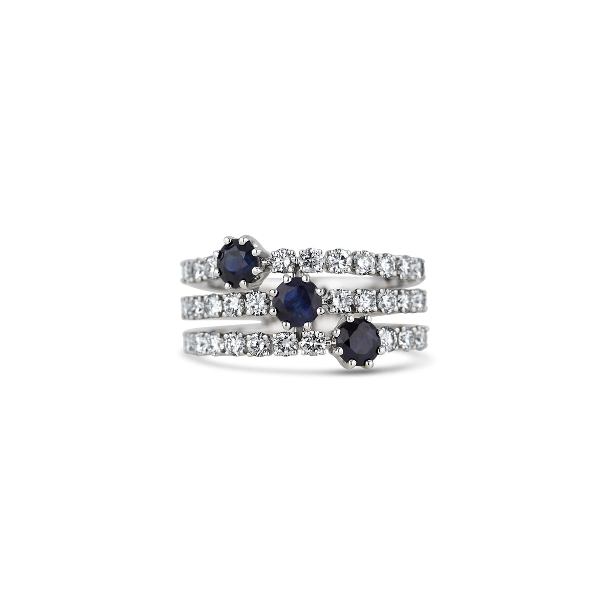 18k White Gold Round Sapphire and Diamond Three Row Ring
