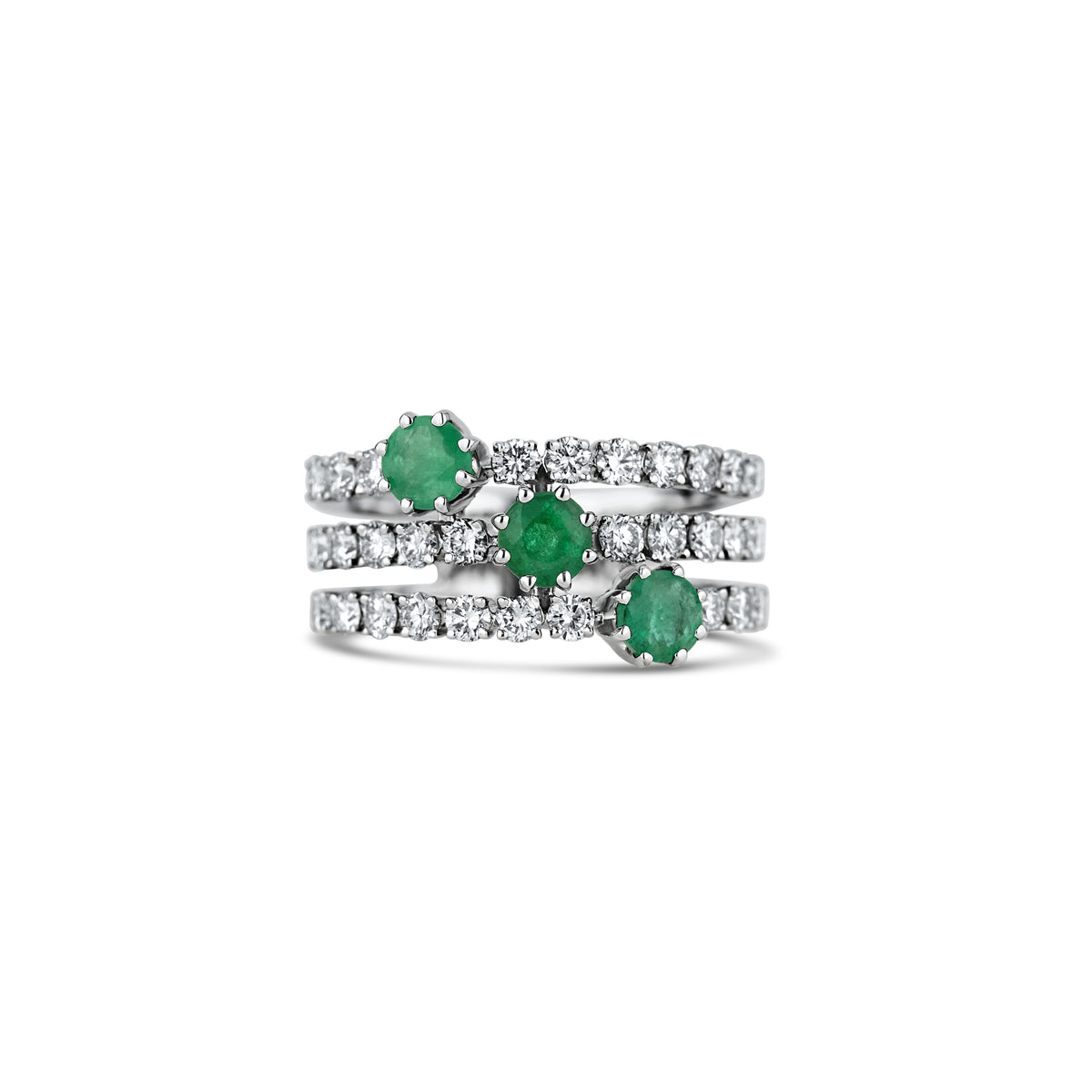 18k White Gold Round Emerald and Diamond Three Row Ring