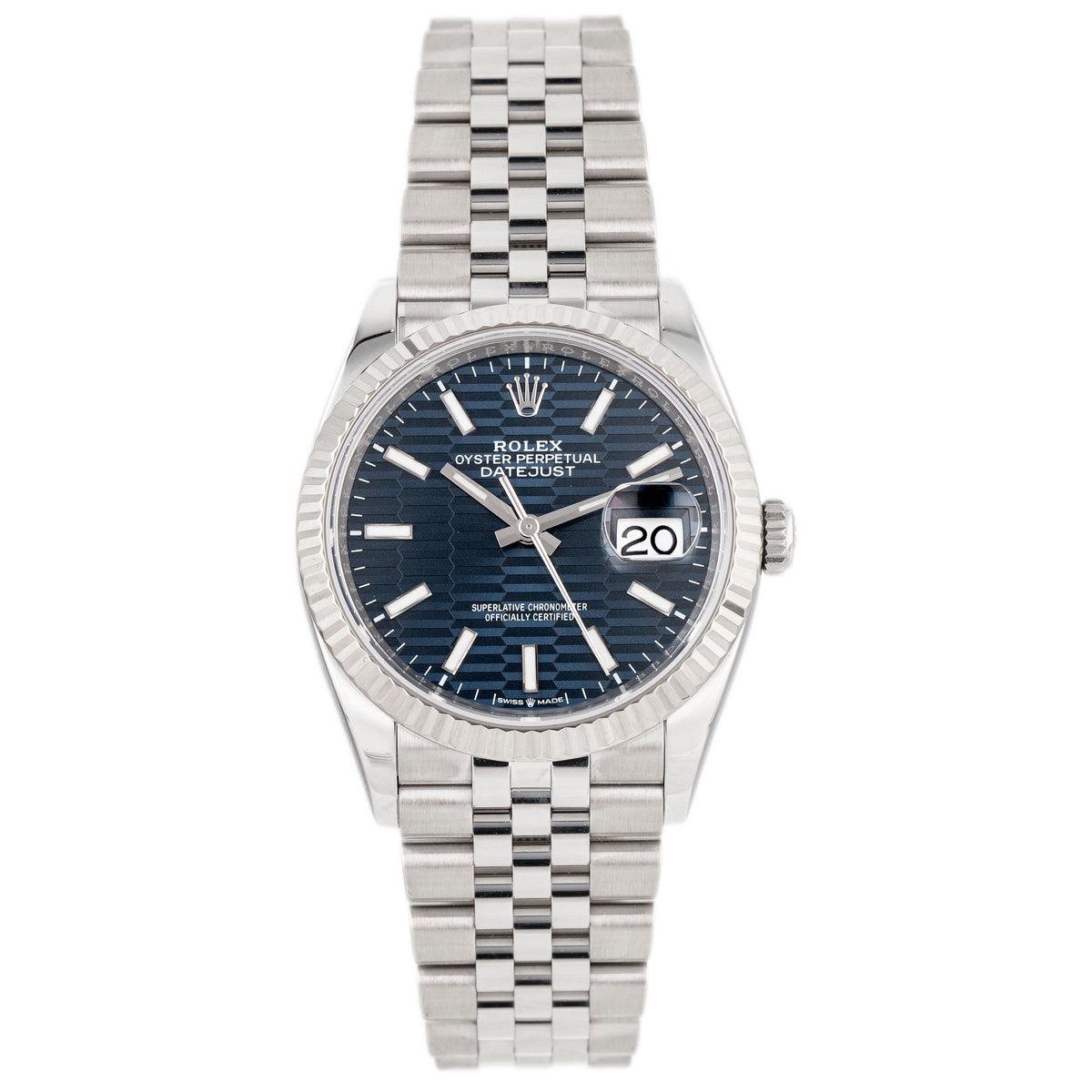 Rolex Datejust 36 Stainless Steel Blue Motif Dial Fluted Jubilee 36mm 126234 Full Set