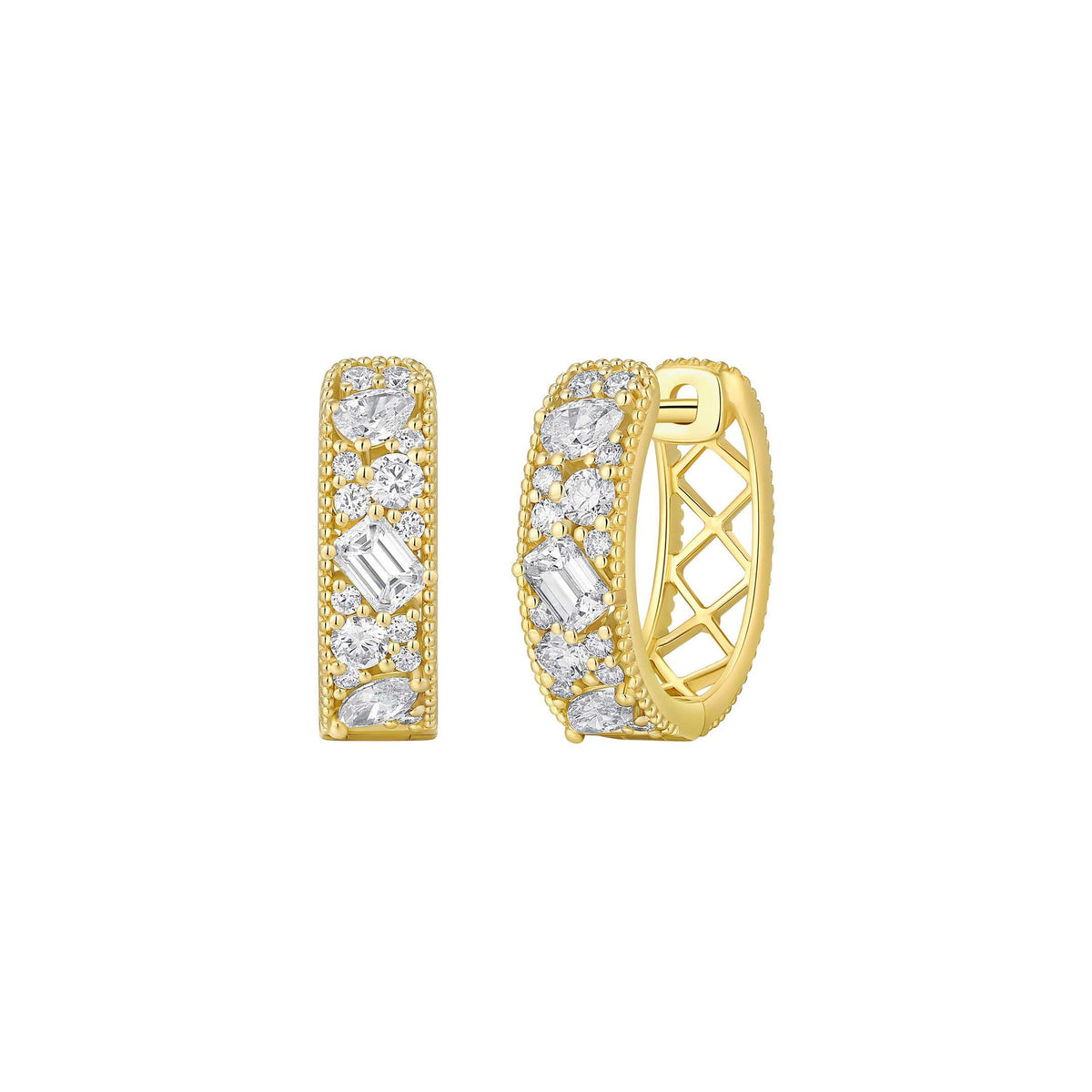 14k Yellow Gold Multi Shape Diamond Huggie Hoop Earrings