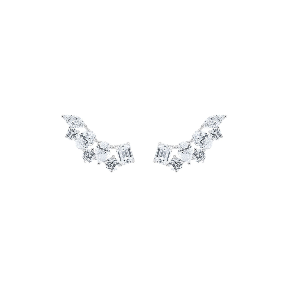 18k White Gold Round, Emerald, Oval, Pear, and Marquise Diamond Climber Earrings